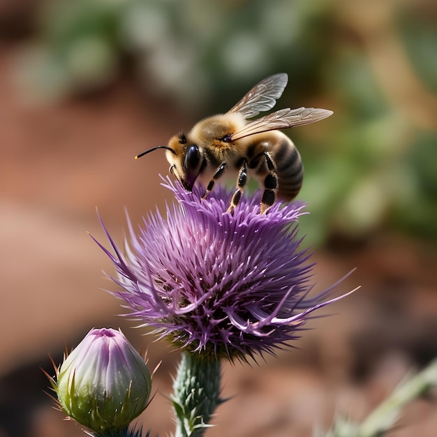 a bee on a purple flower with a purple flower in the background