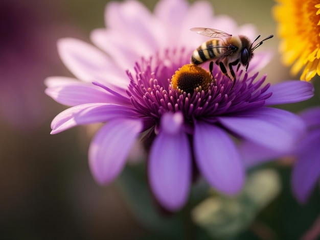 A bee on a purple flower with a yellow center Picture