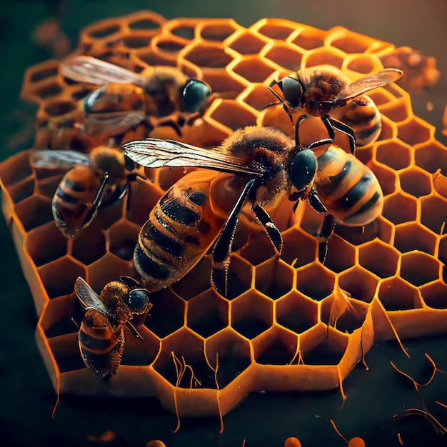 Bee queen and smaller worker bees on the piece on honey comb Industrious insects working Close up Dark backdrop Generative AI