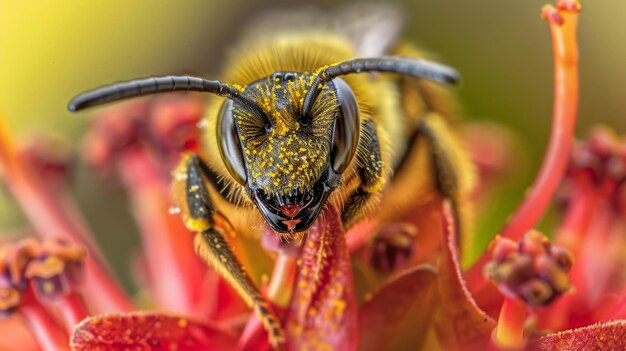 Photo bee on a red flower collecting pollen