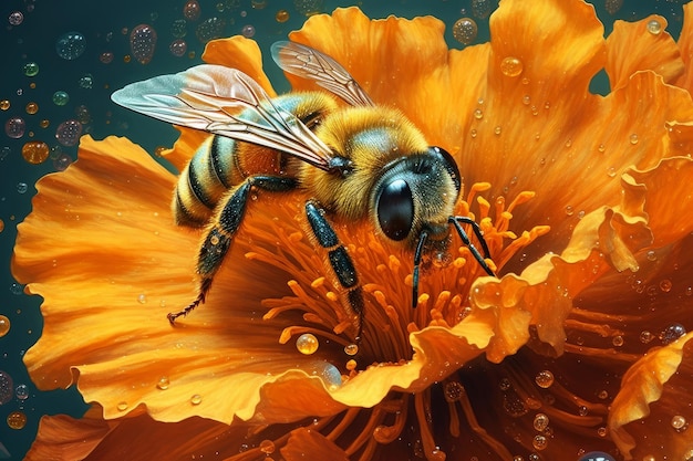 A bee sits on a flower with a black background.