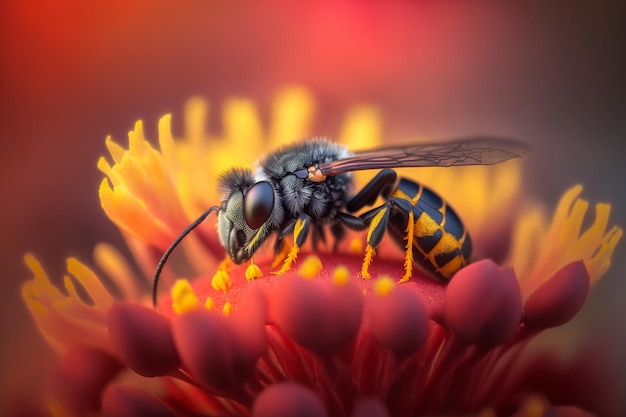 A bee sits on a flower with a red background.