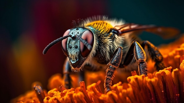 A bee sits on a flower with a red background.