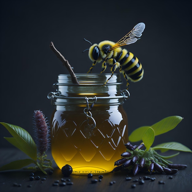 A bee sits on a honey jar next to a branch of blueberries.