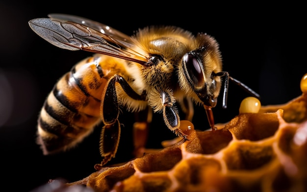 A bee sits on a honeycomb with a black background.