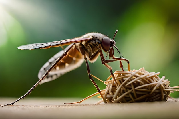 A bee sits on a nest with its wings spread wide.