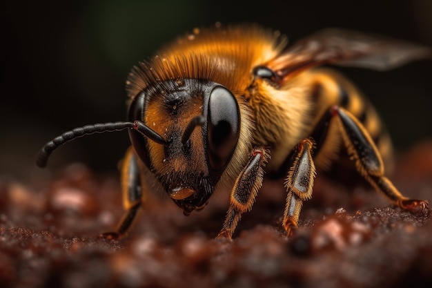 A bee sits on a pile of dirt.