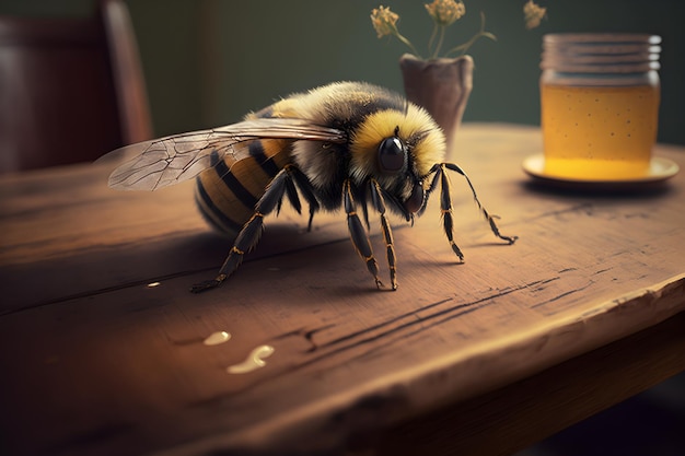 A bee sits on a table next to a cup of beer.