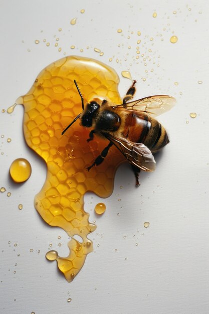 A bee sits on top of a piece of honey capturing its sweetness