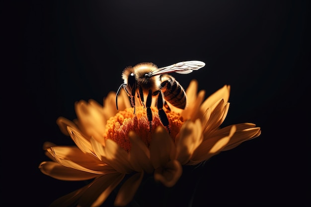 A bee sitting on a flower and glowing against a dark background Generative AI