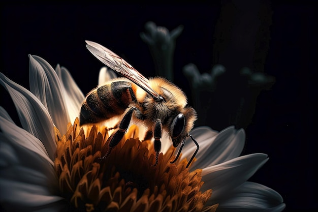 A bee sitting on a flower and glowing against a dark background Generative AI