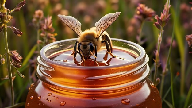 Bee sitting on glass of honey