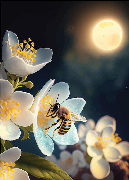 A bee sitting on a jasmine flower in the moonlight