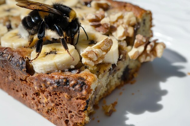 Bee on a Slice of Banana Bread with Honey