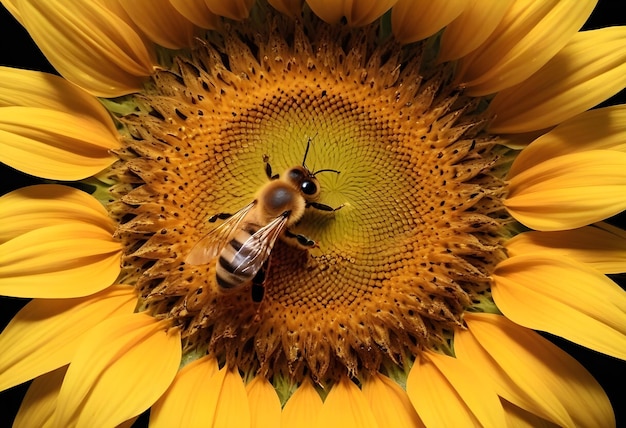 Bee on sunflower macro shot