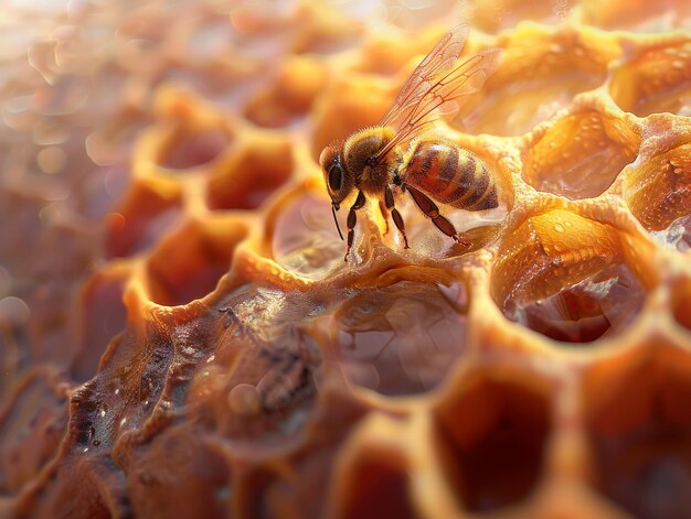 Photo bee on the surface of honeycomb with detailed focus on its wings and body surrounded by richly