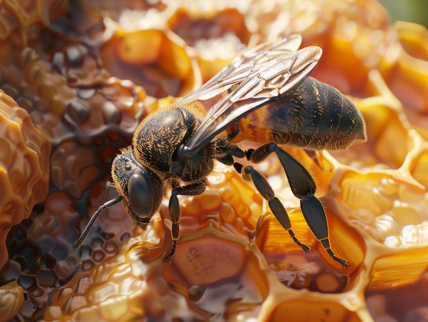 Photo bee on the surface of honeycomb with detailed focus on its wings and body surrounded by richly