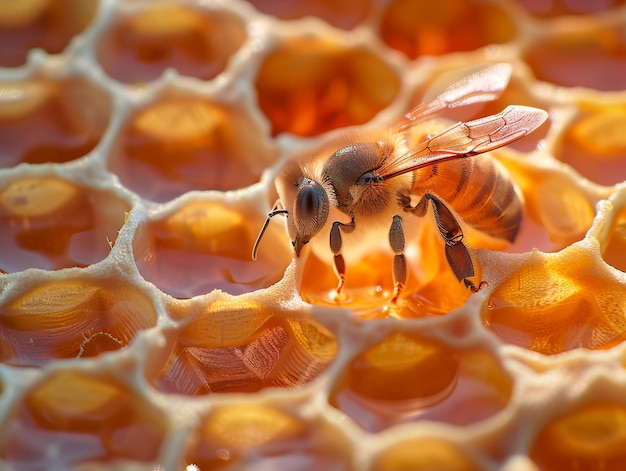 Photo bee on the surface of honeycomb with detailed focus on its wings and body surrounded by richly