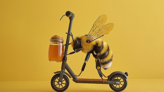 a bee on a tricycle with a jar of honey on it