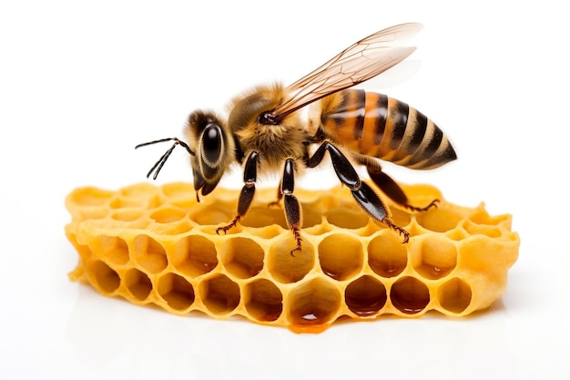 Bee Walking on Honeycomb Isolated on White Background Generative AI