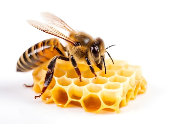 Bee Walking on Honeycomb Isolated on White Background Generative AI