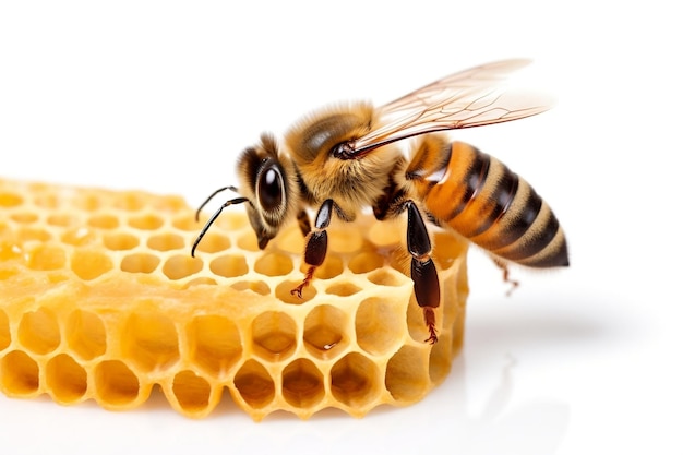 Bee Walking on Honeycomb Isolated on White Background Generative AI