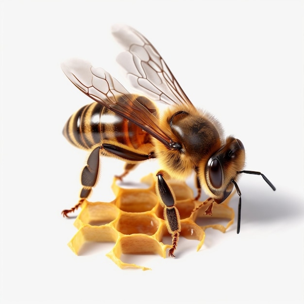 Bee Walking on Honeycomb White Background Generative AI