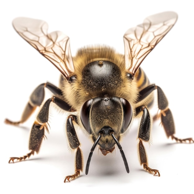 A bee with a black and brown body and black eyes is on a white background.