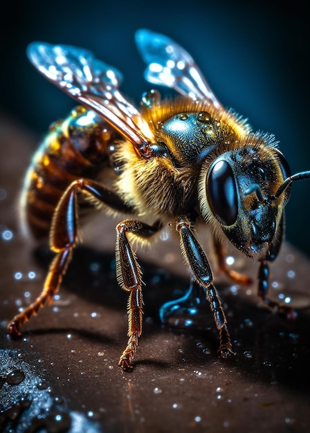 A bee with a blue background and the word bee on it