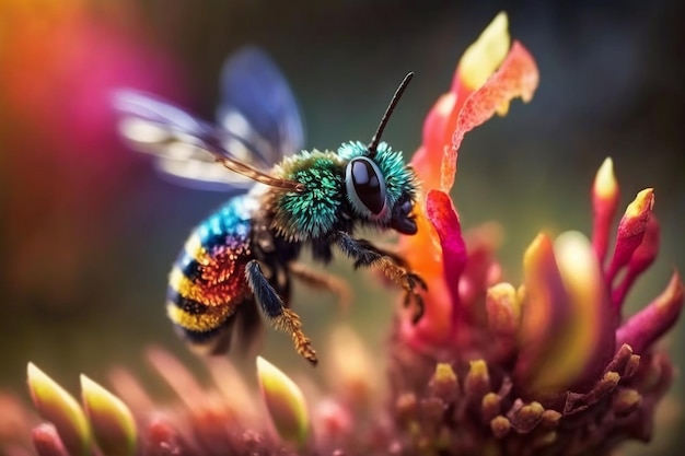 A bee with a bright blue and yellow body sits on a flower.