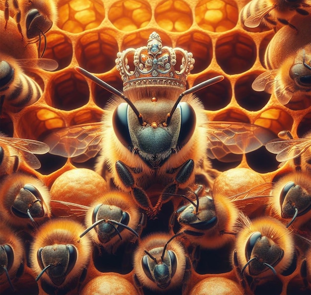 Photo a bee with a crown on it and bees around it