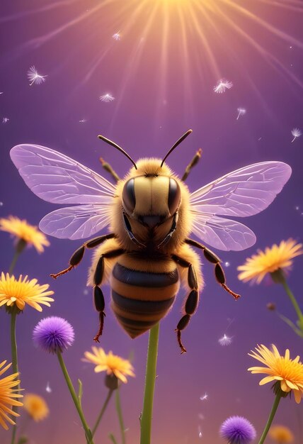 a bee with a purple background with the sun shining behind it