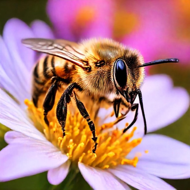 a bee with a purple flower in the background