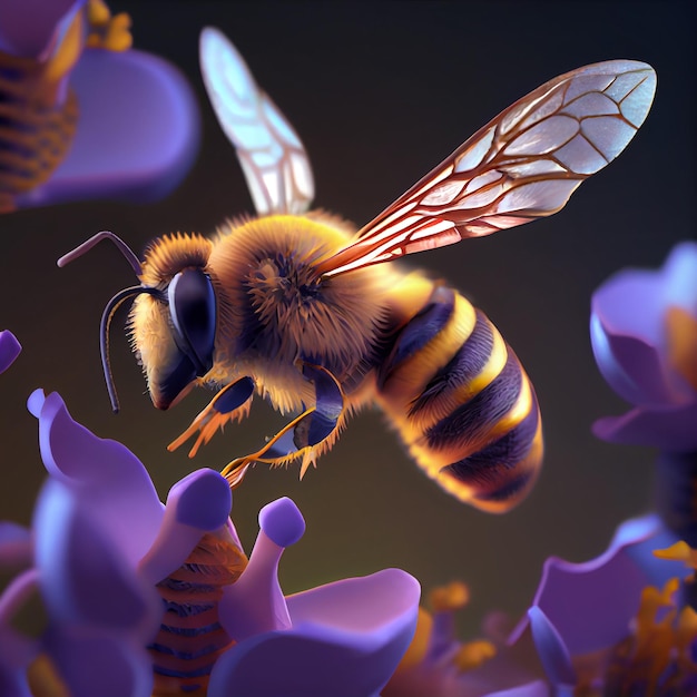 A bee with a purple flower on it