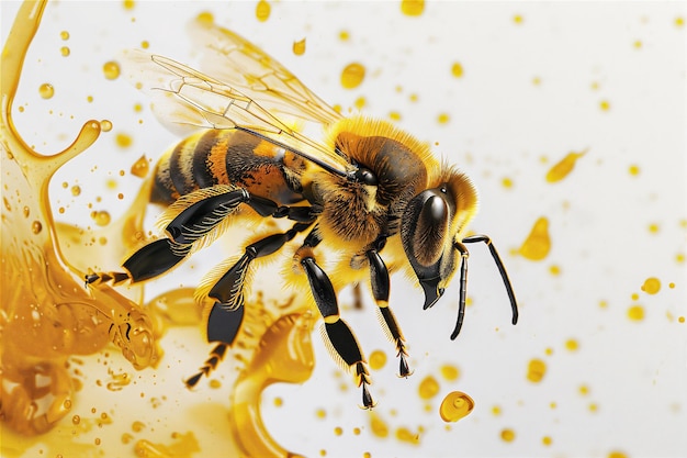 a bee with splash of honey isolated on white background