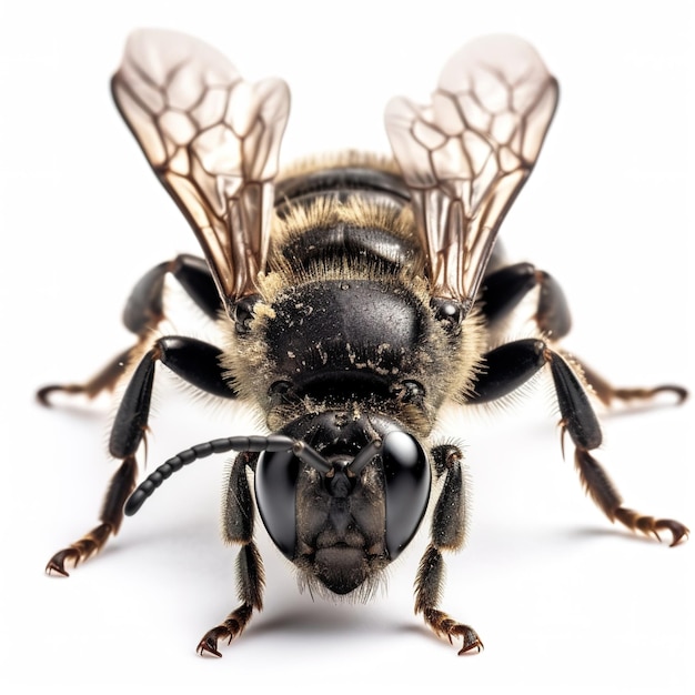 A bee with a white background and a black and silver wing.