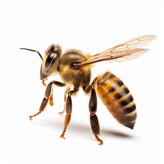 A bee with a white background and a black stripe on its chest.