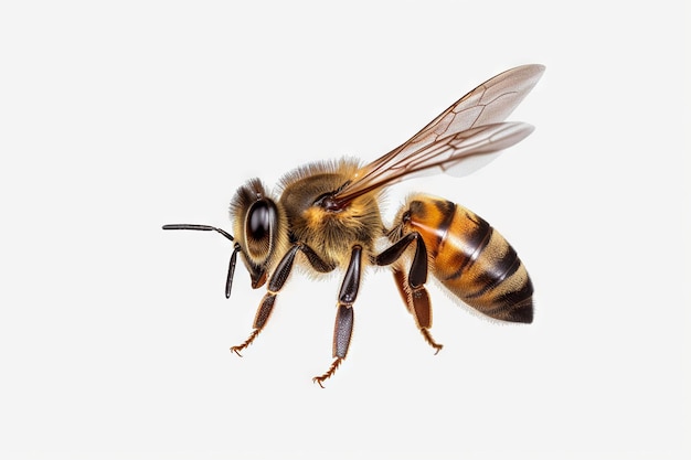 A bee with a white background and black stripes on its wings