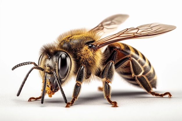 A bee with a white background and a yellow body