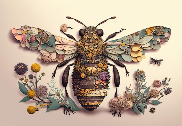 A bee with wings and flowers on it