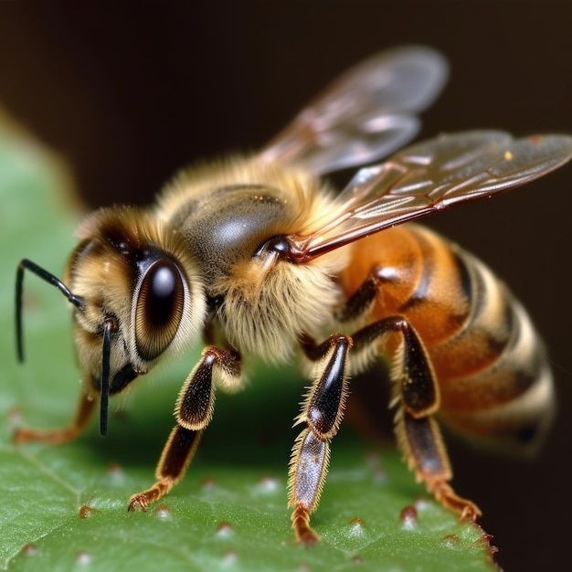 A bee with a yellow and black coat has a black stripe on its chest.