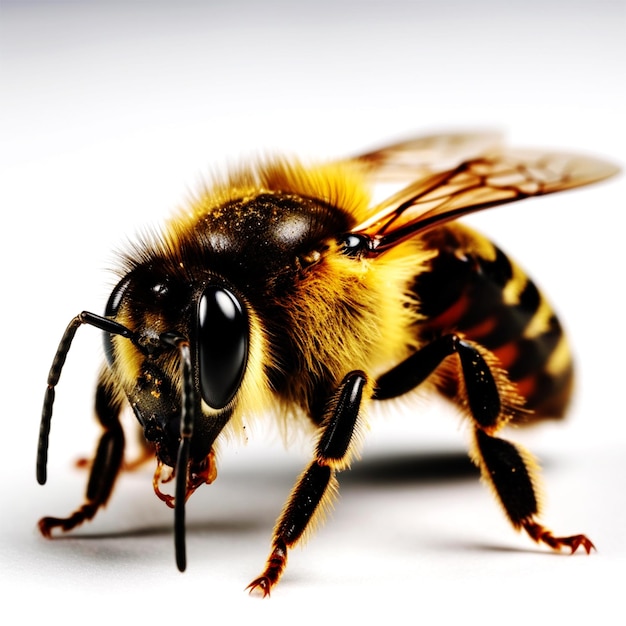 A bee with a yellow and black coat has a large black eye.