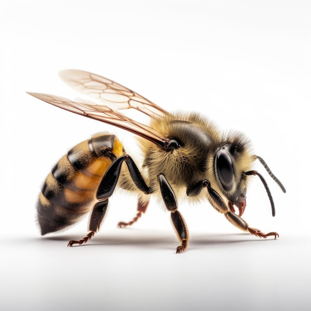 A bee with a yellow and black stripe on its chest is standing on a white surface.