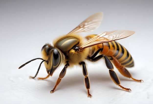 A bee with a yellow and black striped isolated on white background