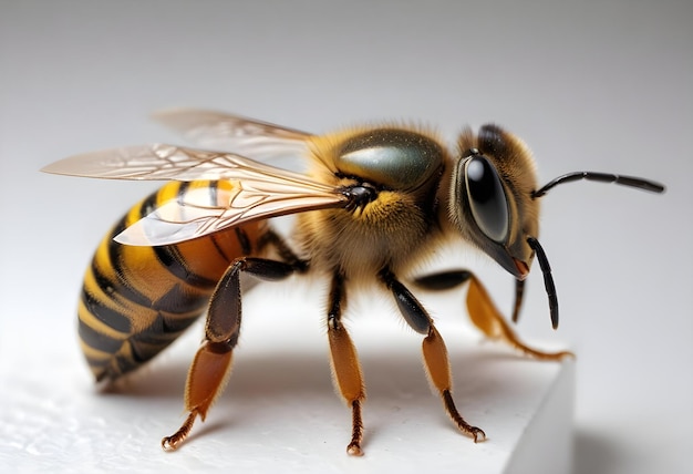 A bee with a yellow and black striped isolated on white background