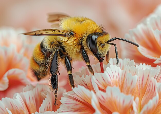 a bee with a yellow body and black legs is eating some flowers