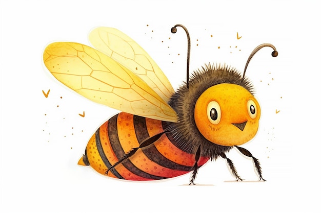 A bee with a yellow body and a black nose is on a white background.