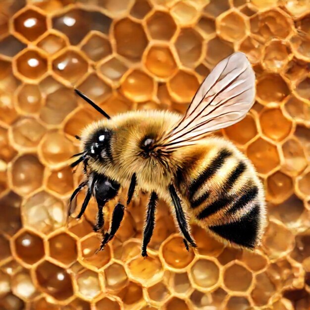 a bee with a yellow body and a large bee on the side of the frame