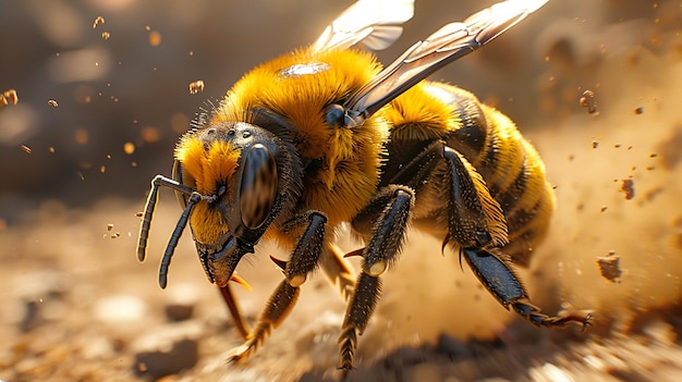 a bee with a yellow face is being attacked by a wasp