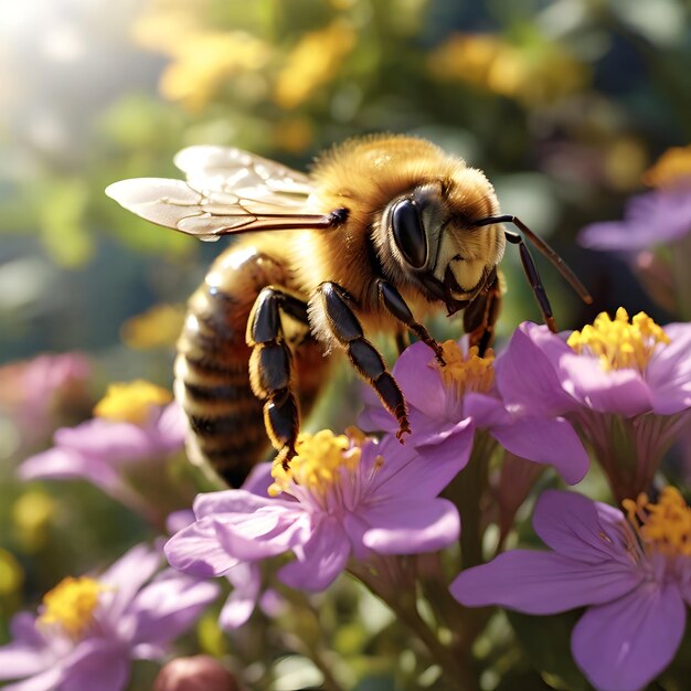 a bee with a yellow flower in the background